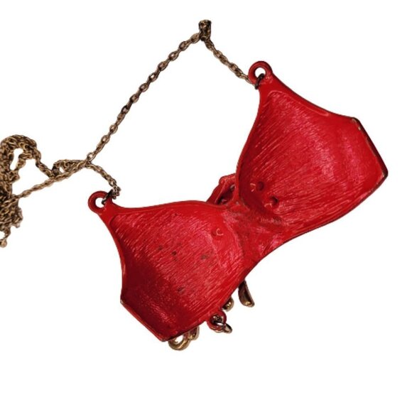 RED Bra Pendant Necklace, Rhinestones Pendant Long Necklace - Picture 3 of 9